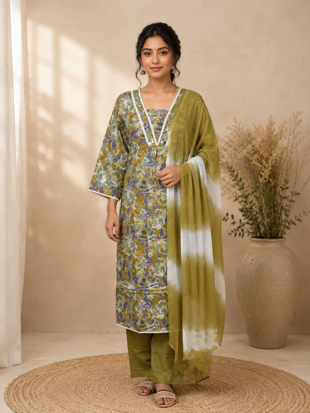 Olive Green Floral Printed Cotton Salwar Suit